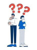 Looking for business solution doodle illustration concept. Corporate dilemma doubts. Thoughtful businesspeople question marks cartoon 2D characters isolated on white. Hand drawn metaphor vector