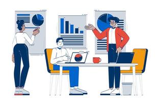 Diverse team analyzing business charts in office doodle cartoon illustration. Collaborative strategy. Analysts brainstorming 2D flat characters isolated on white. Doodleart hand-drawn drawing colorful vector