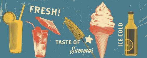 Retro Summer Collage with Halftone Texture and Muted Colors captures Fresh Vacation Food, Vintage Aesthetic, and Nostalgic Ice Cream Vibes vector