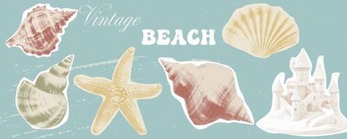 Vintage Beach Collage with Halftone Seashells, Starfish, and Sandcastle evokes Retro Summer Aesthetic with Muted Colors and Nostalgic Vibes. vector