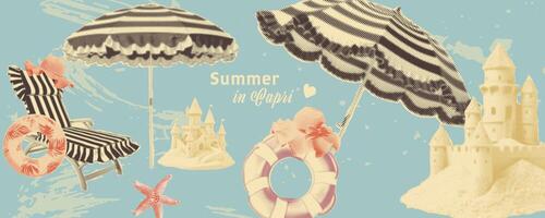 WebRetro Beach Collage with Halftone Texture, Muted Colors, and Vintage Aesthetic captures Nostalgic Summer Vibes and Timeless Seaside Charm. vector