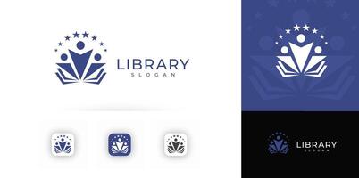 People figures rising from open books, surrounded by stars, symbolizing knowledge, community, success. Educational identity, branding for institutions. logo vector