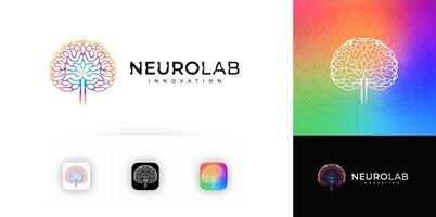 Gradient brain tree logo with neural pathways and spinal cord. Symbol of intelligence, science, innovation, technology. Abstract digital design for branding, apps, UI. illustration vector