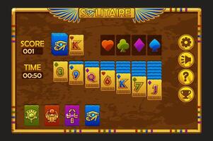 Solitaire game UI in Egyptian style. Background and buttons for game assets. Egyptian game frame vector