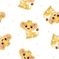 Seamless pattern in a simple childish style. Cute baby lion cub with big eyes on white background vector