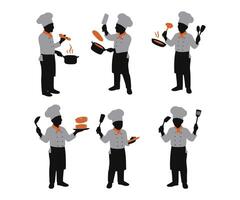 Silhouette designs depicting a chef in various cooking poses. vector