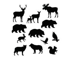 utlined figures of forest creatures set against a white backdrop. Includes deer, doe, fawn, moose, bear, fox, hare, owl, raptor, chamois, wolf, and squirrel. vector