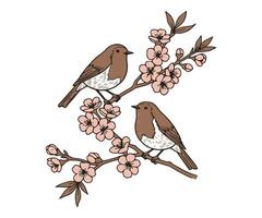 hand-drawn and linocut style, this illustration is a natural print that works well as a poster or logo design template, capturing the essence of spring with birds. vector