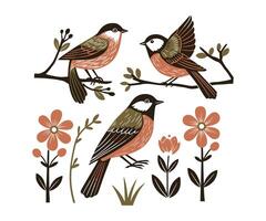 simple hand-drawn and linocut style, this natural print is suitable for a poster or logo design template, celebrating spring with birds. vector