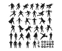 A large collection of superhero silhouette designs featuring illustrations and icons of various heroes. vector