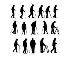 A series of silhouettes representing elderly folks with walking aids. The images capture senior citizens as they navigate with their mobility support. vector