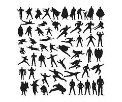 An extensive pack of superhero silhouettes, complete with illustrations and icons of different heroes. vector