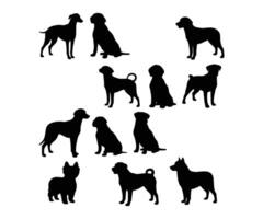 A collection of silhouettes showcasing a group of dogs of various breeds, either standing or sitting from the front view. vector
