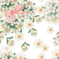 Seamless pattern with flying white flower with bow on the light background. Hand drawn watercolor floral design in vintage style. Print ideal for wallpaper. Perfect for holiday fabric and paper. vector