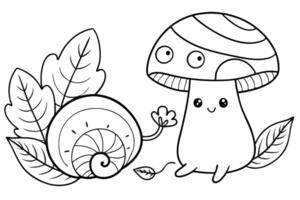 Outline Cute Cartoon Mushroom and Snail with Leaves, Smiling Face, vector