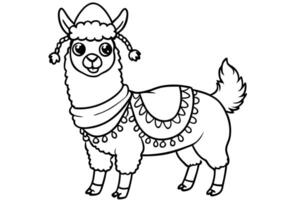 Cartoon Llama with Hat Line Art Standing Isolated on Transparent Background vector