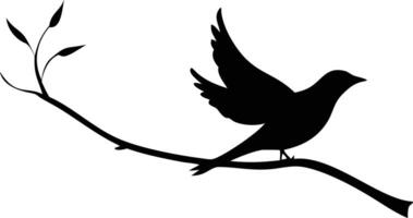 Bird Silhouette on Branch with Leaves in Flight over vector