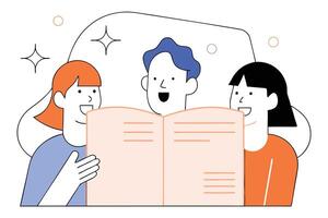 Happy Group Reading Together in Flat Design Style with vector