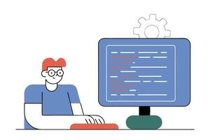Flat Design Man Typing at Computer with Gear Icon on Transparent Background vector