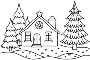 Hand Drawn House with Star on Roof Between Pine Trees on Transparent Background vector