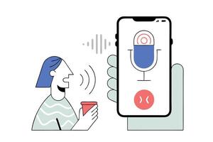 Person Speaking to Phone with Microphone Icon on Transparent Background vector