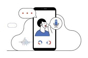 Young man in Phone Screen, Open Mouth Speaking with sound waves on transparent background vector