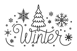 Winter Season Line Art with Tree and Snowflakes on White Background Design vector