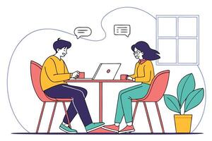 Two People Sitting at Table with Laptop, Dialogue Bubbles, Line Art, Transparent Background vector