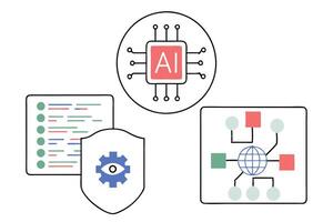 AI Circuit, Secure Data, Global Network, Icons on Transparent Background vector