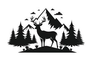 Silhouette of Deer with Antlers in Forest with Mountains and Trees, Transparent Background vector