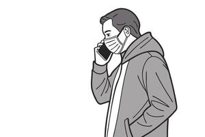 Man in Mask Talking on Mobile Phone with Transparent Background Art vector