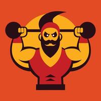 Cartoonish Strongman Lifting Dumbbells against a Golden Circle on Orange Backdrop vector