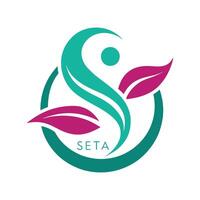 Abstract Circular Icon Design with Teal Swirl, Leaves and Lettering on White vector