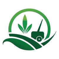 Abstract Green Lawn Mower with Plants and Gradient Circle Design on White Background vector