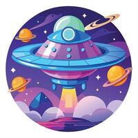 Bright Cartoon UFO with Planets and Stars over Clouds on Transparent Background vector