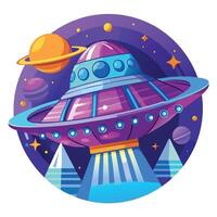 Cartoonish UFO Spaceship with Planets and Stars in a Space Theme on Transparent vector