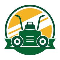 Lawn Mower Icon in Green and Yellow Circle Shape Design on White Background vector