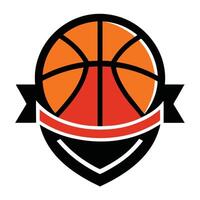 Flat Orange Basketball Inside Ribbon Shield Emblem on Transparent Background vector