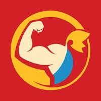 Strong Arm with Bicep in Yellow Circle on Red Background Minimalist Style vector