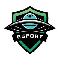 UFO Spaceship Emblem with ESport Text on Shield Icon on Transparent Background vector