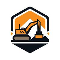Excavator Machine Icon with Black Outlines and Orange Accents on White Background vector