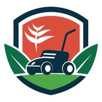 Lawn Mower Shield with Leaves, Plants, and Grass on Transparent Background vector