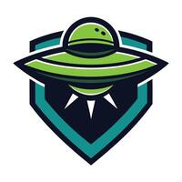 Green Flying Saucer UFO Over Shield Emblem, Isolated Icon on Transparent Background vector