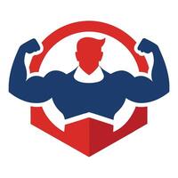Strong Man Silhouette Showing Muscles in Red Hexagon vector