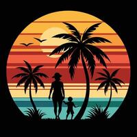 Retro Silhouette Beach With Palm Trees Mother and Child in vector