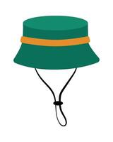 Simple green bucket hat with a yellow band and adjustable chin strap, isolated illustration. Ideal for fashion, outdoor activity themes, and design concepts vector