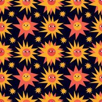 Bright and cheerful illustration featuring a seamless pattern of cute sun faces with playful expressions. The colorful suns are set against a dark background, creating a lively contrast vector