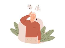 Elderly man experiencing memory loss and confusion, holding his head with a worried expression. Puzzle pieces symbolize cognitive decline. Alzheimer dementia concept. Flat Style Illustration vector