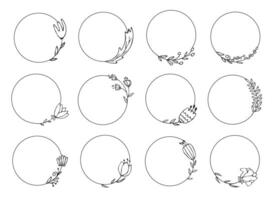 Linear circles hand-drawn floral frames vector