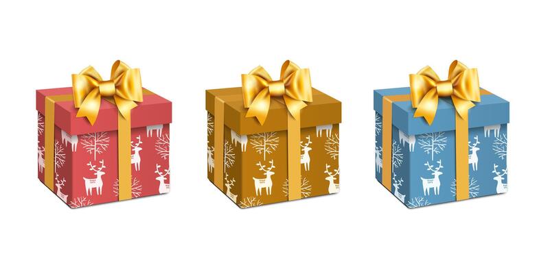 Gift box with gold bow, ribbons and Christmas pattern